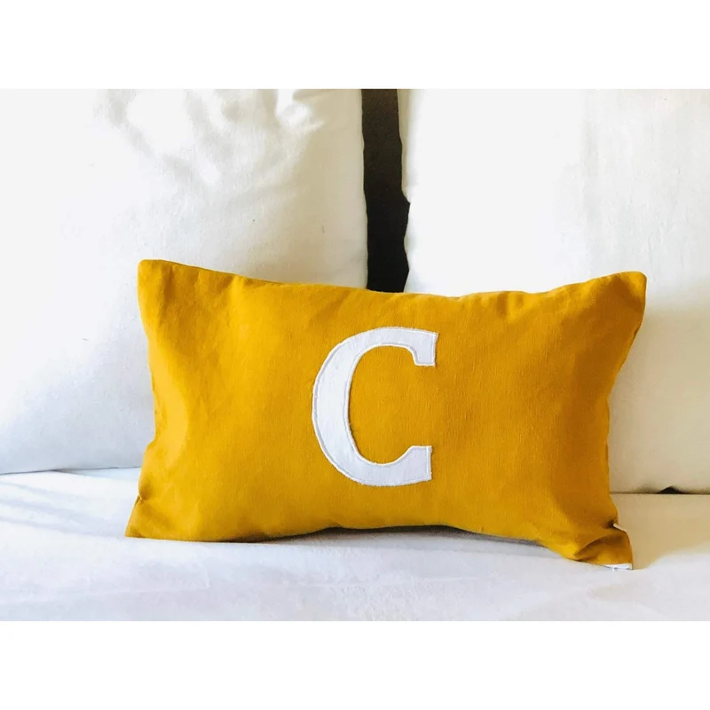 Mustard Applique Lumbar Pillow 12x24, Long Alphabet Pillow