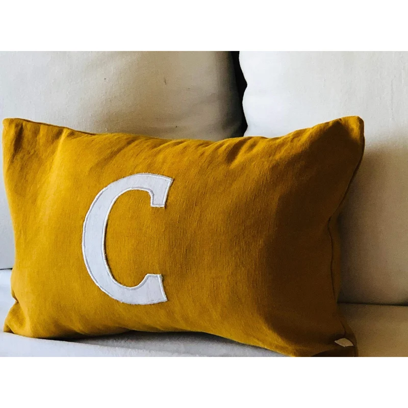 Mustard Applique Lumbar Pillow 12x24, Long Alphabet Pillow