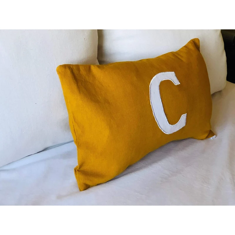 Mustard Applique Lumbar Pillow 12x24, Long Alphabet Pillow