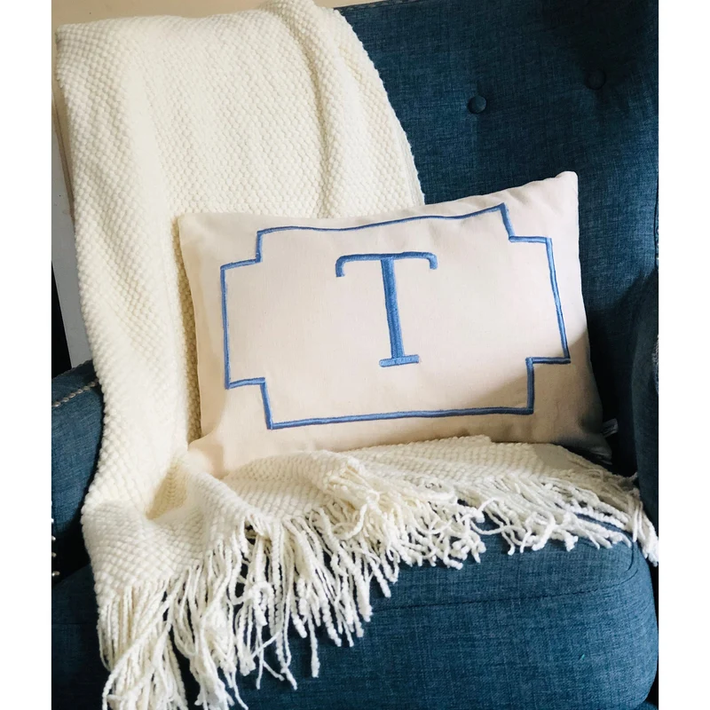 Monogram Blue Lumbar Pillow, Small Rectangle Lumbar Pillow