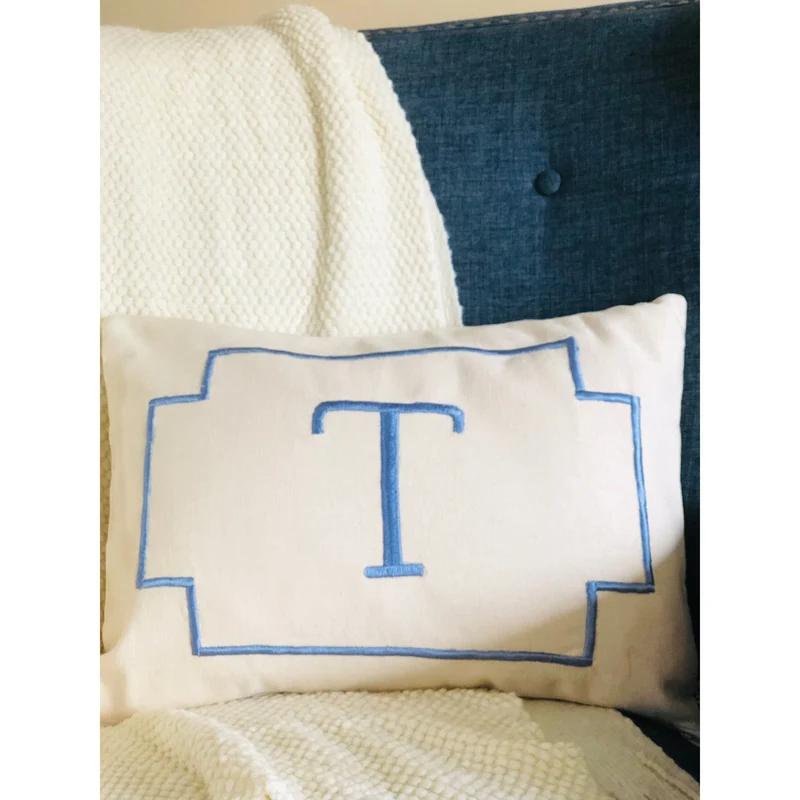 Monogram Blue Lumbar Pillow, Small Rectangle Lumbar Pillow