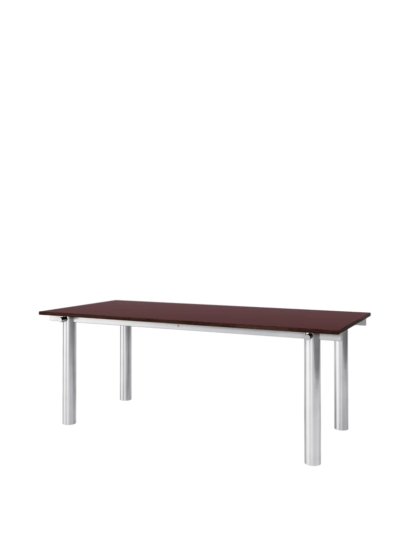 Table à manger rectangulaire en acier inoxydable brossé et lino bordeaux 200 x 90 cm Atura - Ferm Living