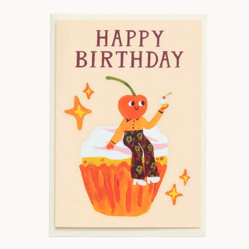 HAPPY BIRTHDAY CHERRY CUPCAKE CARD