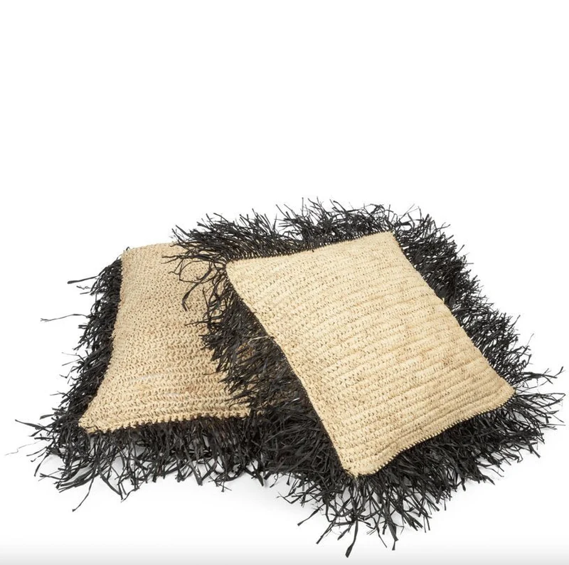 Housse de coussin 60 x 60 cm en Raphia naturel noir - Bazar Bizar