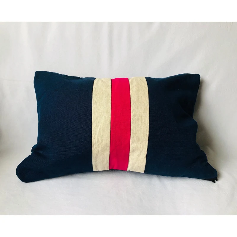 Personalized Stripes Throw Pillows, Navy, Pink & Ivory Cotton by Snazzy Living