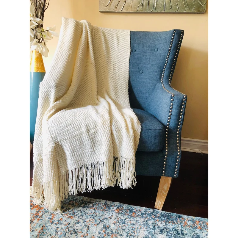Cream Boho Throw Blanket with Fringe| Cream Throw Blanket