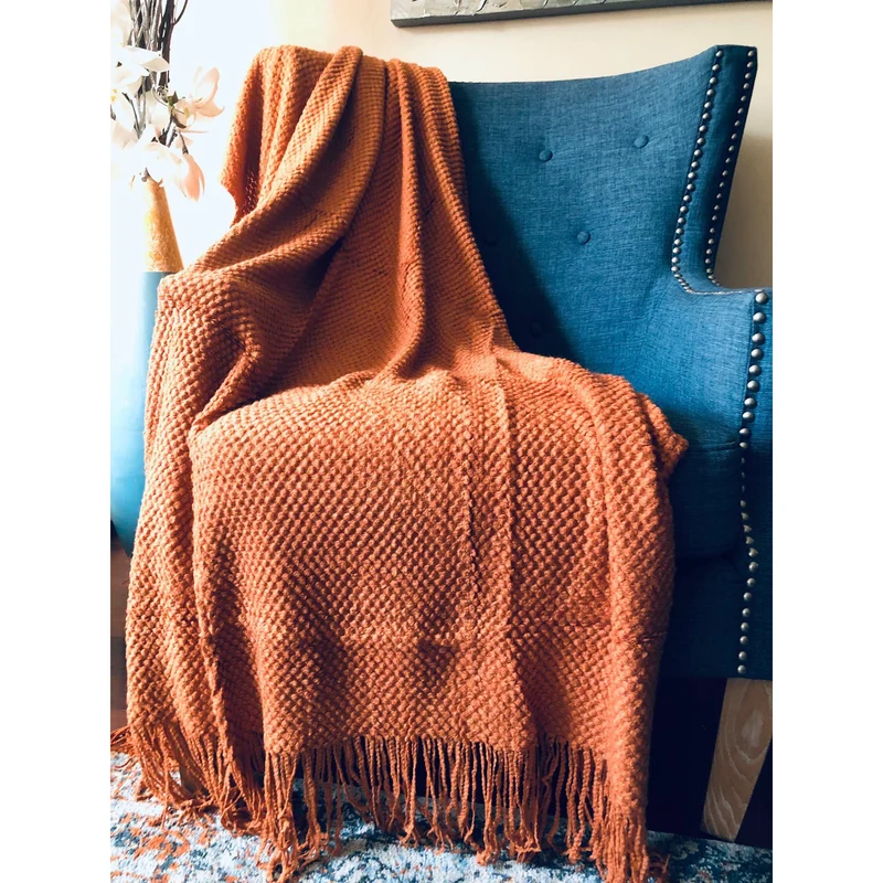 Fall Rust Throw Blanket with Fringe| Orange Throw Blanket | Fall Boho Throw Blanket