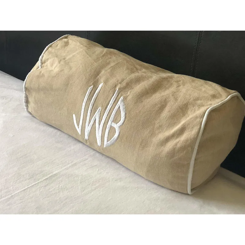 Beige Monogram Bolster Pillow covers with piping