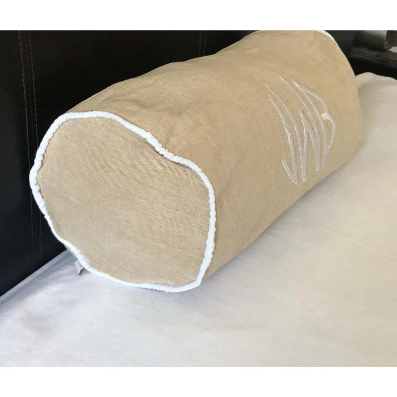 Beige Monogram Bolster Pillow covers with piping