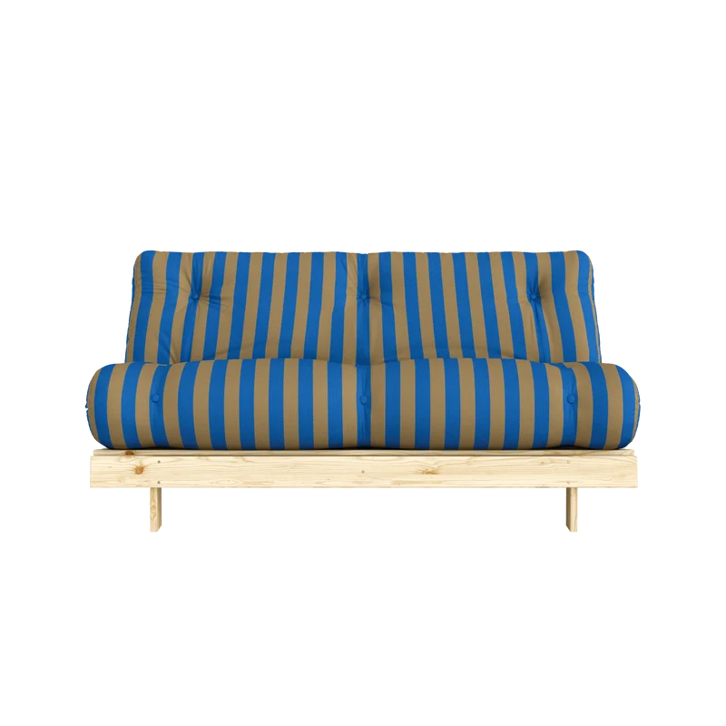 Canapé-lit en pin massif avec matelas rayé bordeaux et bleu clair 160x200cm Raw roots - Karup Design