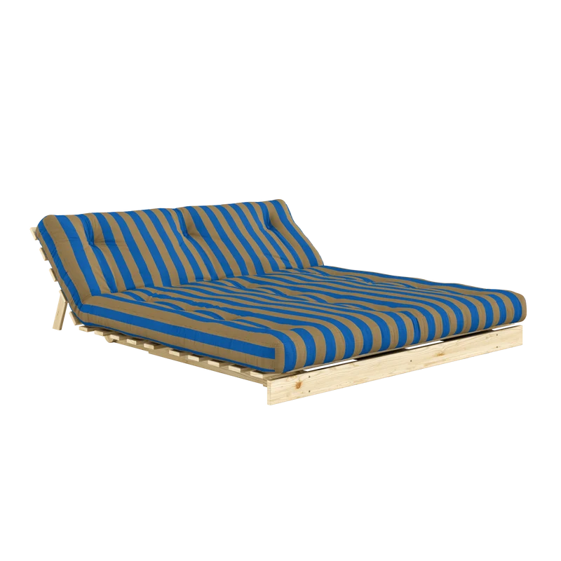 Canapé-lit en pin massif avec matelas rayé bordeaux et bleu clair 160x200cm Raw roots - Karup Design