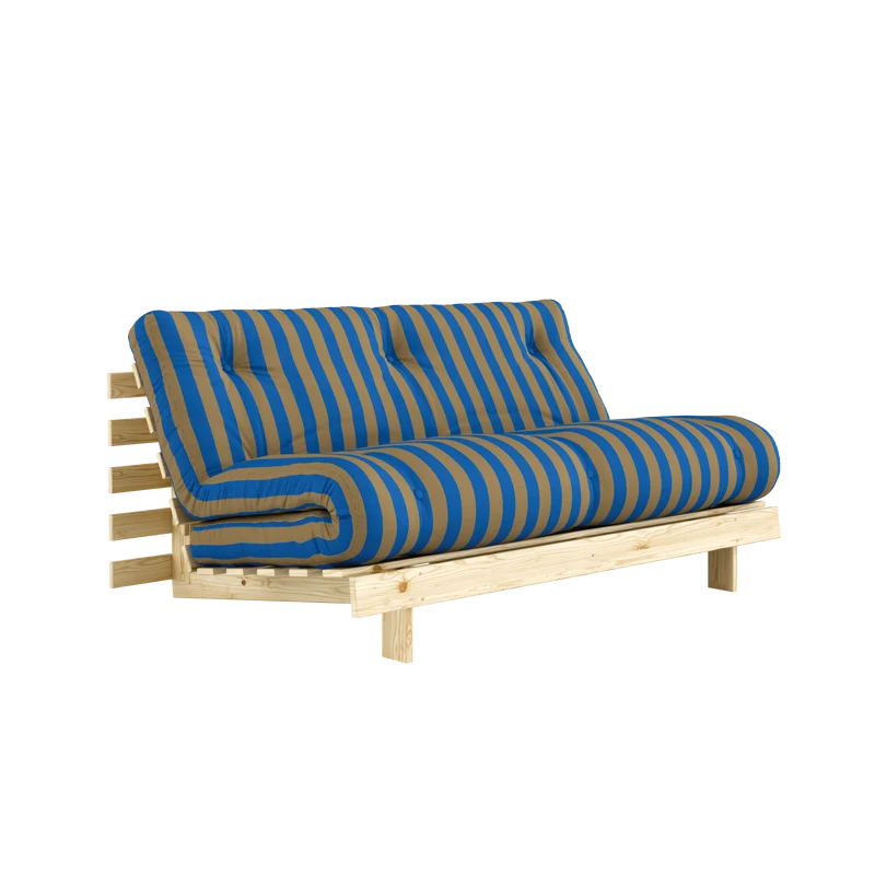 Canapé-lit en pin massif avec matelas rayé bordeaux et bleu clair 160x200cm Raw roots - Karup Design