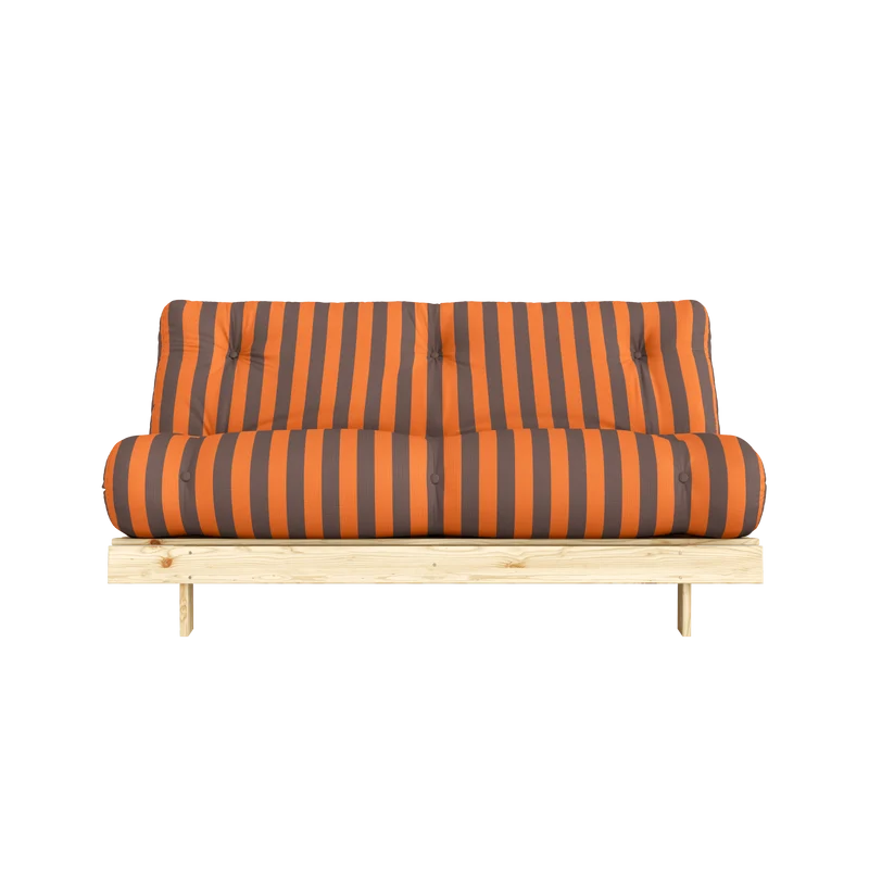 Canapé-lit en pin massif avec matelas rayé bordeaux et bleu clair 160x200cm Raw roots - Karup Design
