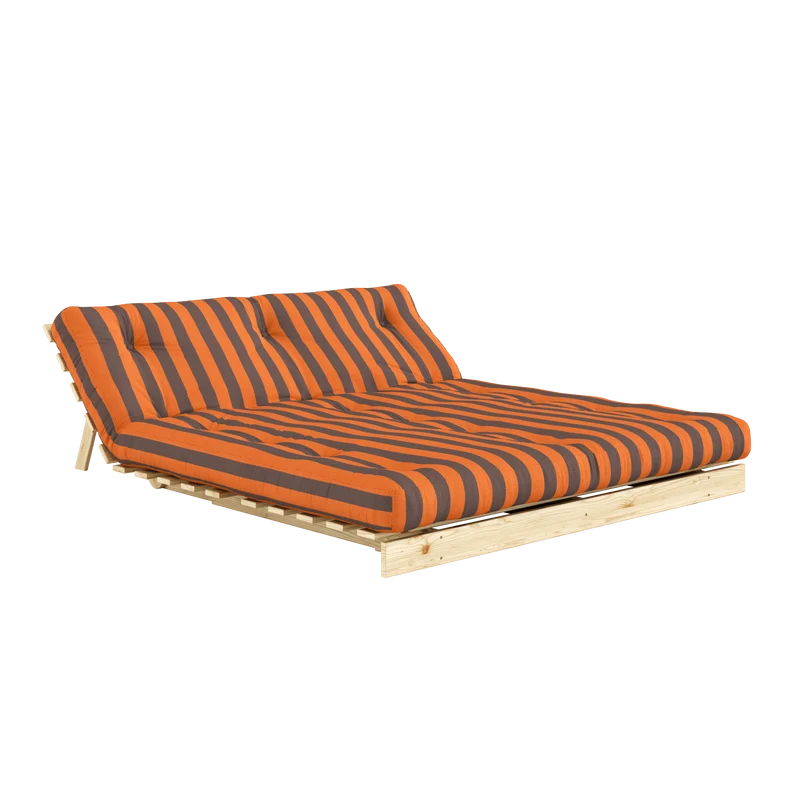 Canapé-lit en pin massif avec matelas rayé bordeaux et bleu clair 160x200cm Raw roots - Karup Design