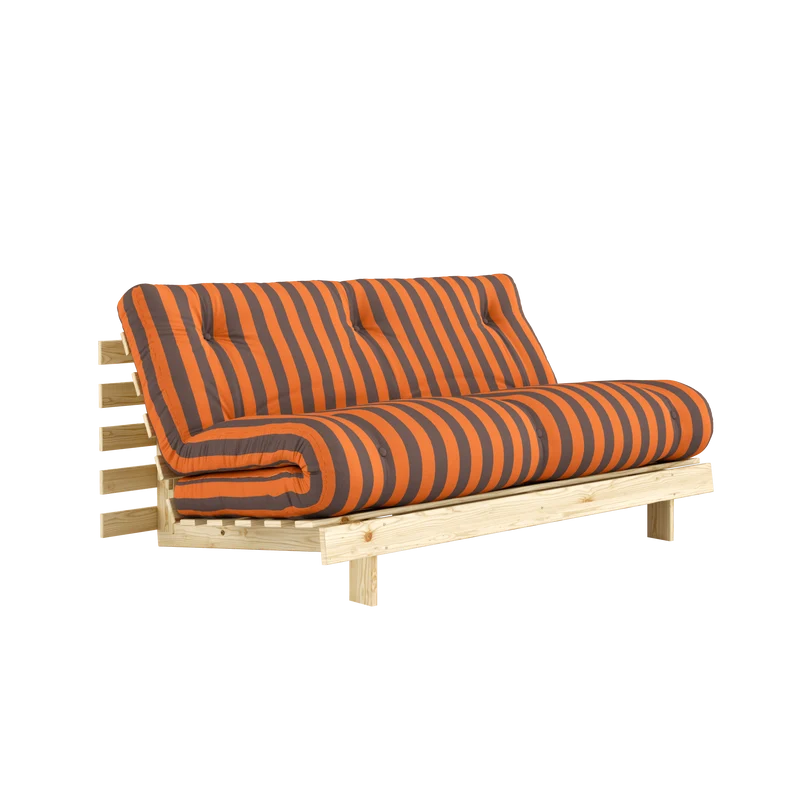 Canapé-lit en pin massif avec matelas rayé bordeaux et bleu clair 160x200cm Raw roots - Karup Design