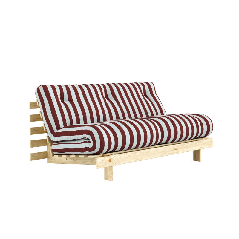 Canapé-lit en pin massif avec matelas rayé bordeaux et bleu clair 160x200cm Raw roots - Karup Design