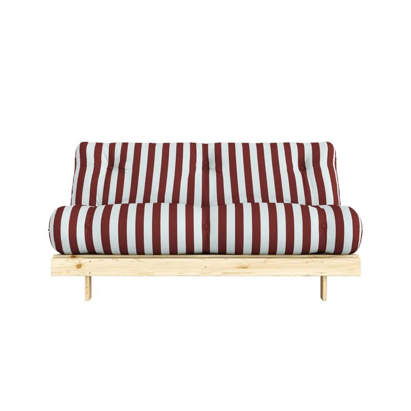 Canapé-lit en pin massif avec matelas rayé bordeaux et bleu clair 160x200cm Raw roots - Karup Design