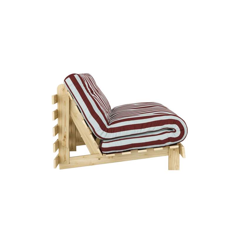 Canapé-lit en pin massif avec matelas rayé bordeaux et bleu clair 160x200cm Raw roots - Karup Design