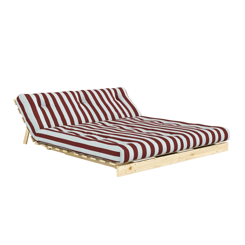 Canapé-lit en pin massif avec matelas rayé bordeaux et bleu clair 160x200cm Raw roots - Karup Design