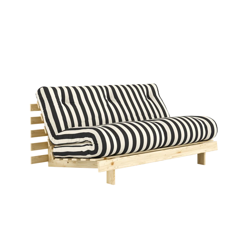 Canapé-lit en pin massif avec matelas rayé blanc et noir 160x200cm Raw roots - Karup Design