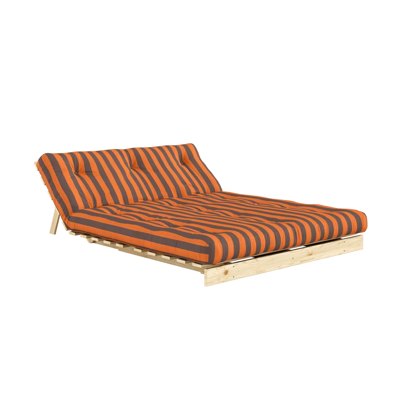 Canapé-lit en pin massif avec matelas rayé orange et marron 140x200cm Raw roots - Karup Design
