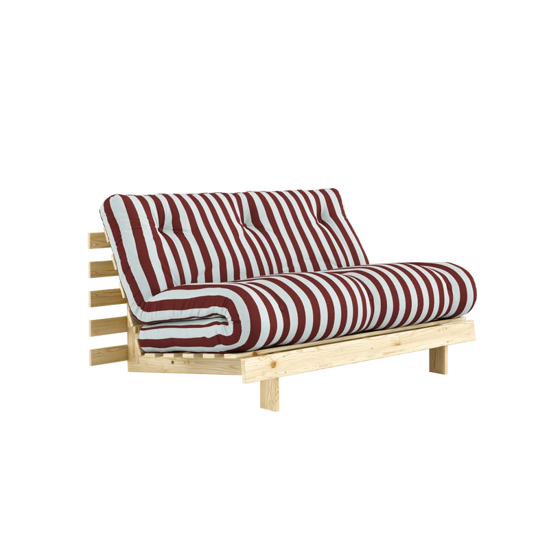 Canapé-lit en pin massif avec matelas rayé bordeaux et bleu clair 140x200cm Raw roots - Karup Design