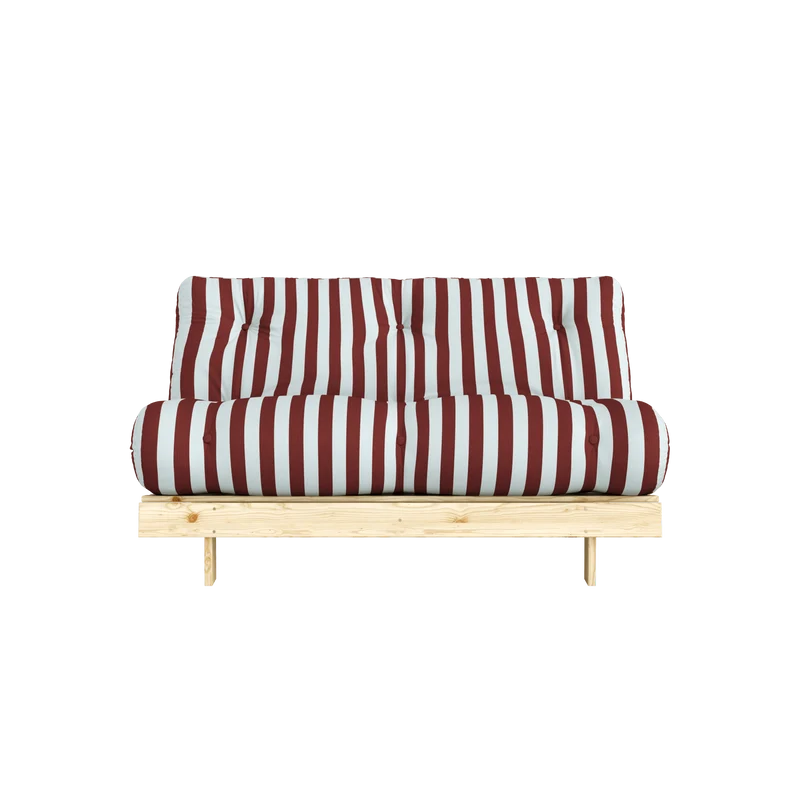 Canapé-lit en pin massif avec matelas rayé bordeaux et bleu clair 140x200cm Raw roots - Karup Design