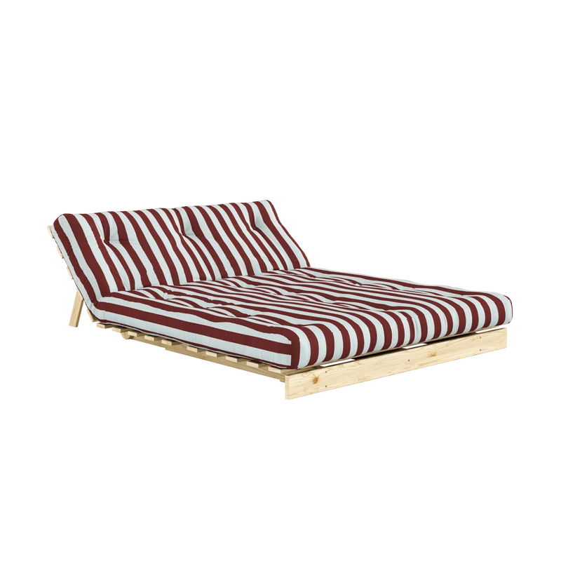Canapé-lit en pin massif avec matelas rayé bordeaux et bleu clair 140x200cm Raw roots - Karup Design