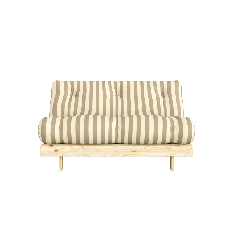 Canapé-lit en pin massif avec matelas rayé crème et sable 140x200cm Raw roots - Karup Design