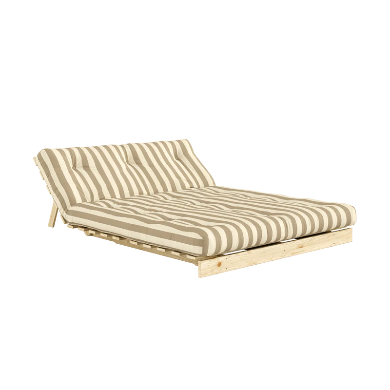 Canapé-lit en pin massif avec matelas rayé crème et sable 140x200cm Raw roots - Karup Design
