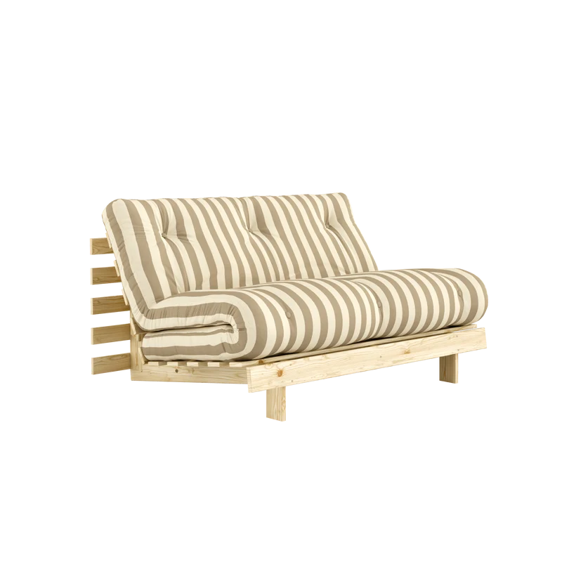 Canapé-lit en pin massif avec matelas rayé crème et sable 140x200cm Raw roots - Karup Design