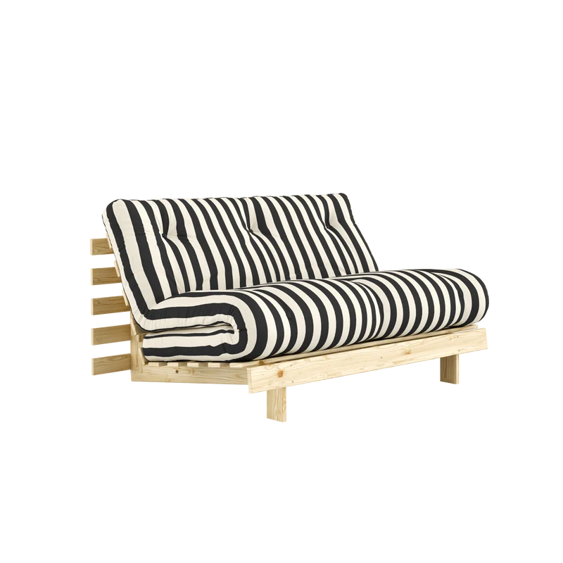 Canapé-lit en pin massif avec matelas rayé blanc et noir 140x200cm Raw roots - Karup Design