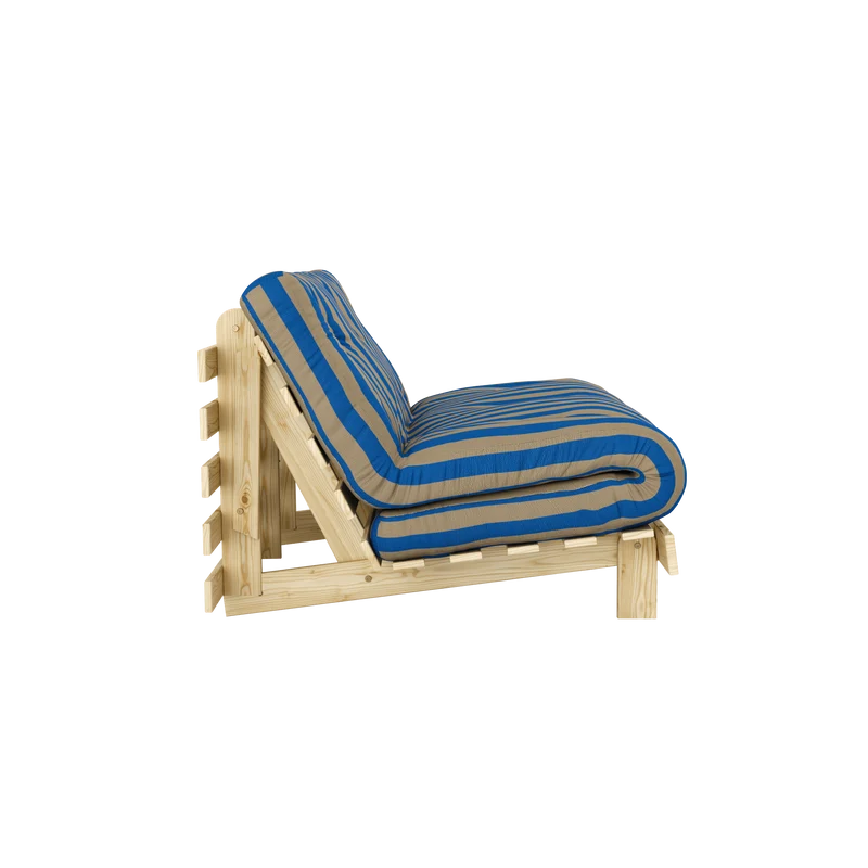 Canapé-lit en pin massif avec matelas rayé bleu et marron 90x200cm Raw roots - Karup Design