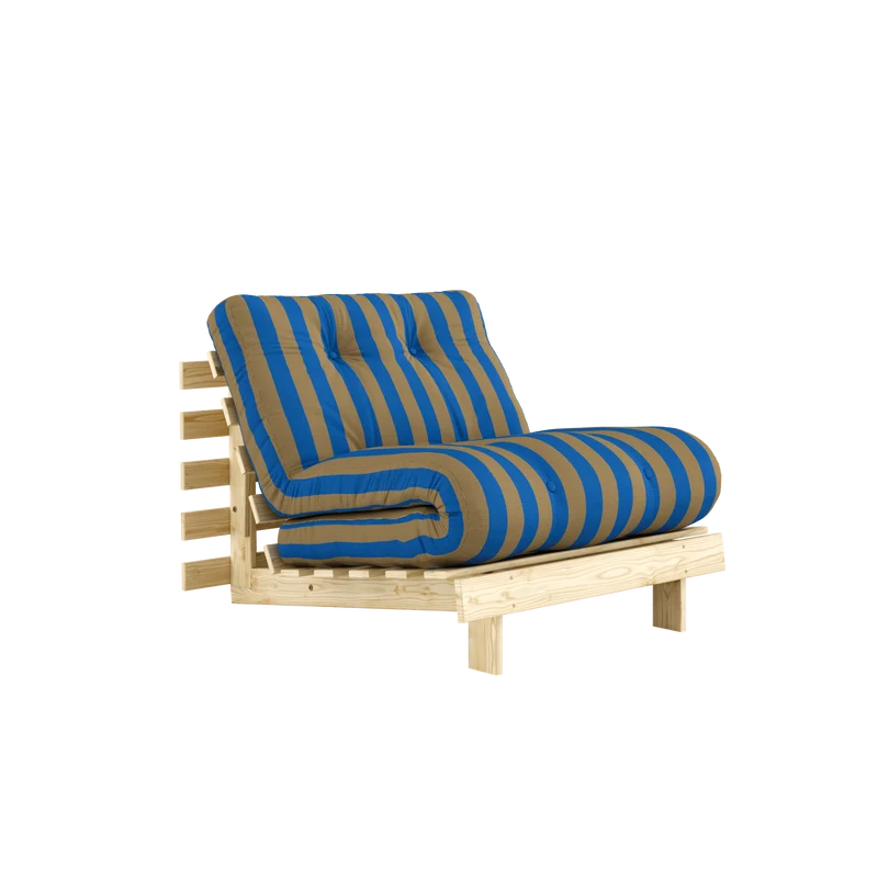 Canapé-lit en pin massif avec matelas rayé bleu et marron 90x200cm Raw roots - Karup Design