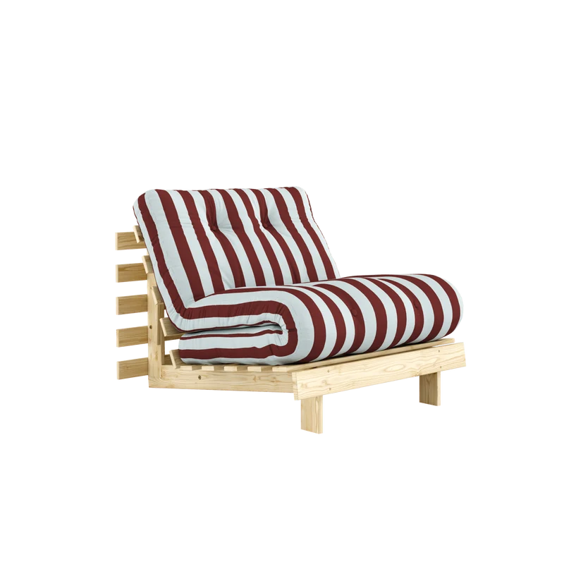 Canapé-lit en pin massif avec matelas rayé bordeaux et bleu clair 90x200cm Raw roots - Karup Design
