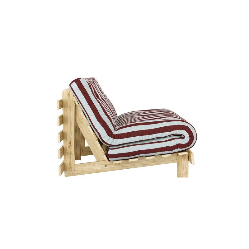 Canapé-lit en pin massif avec matelas rayé bordeaux et bleu clair 90x200cm Raw roots - Karup Design