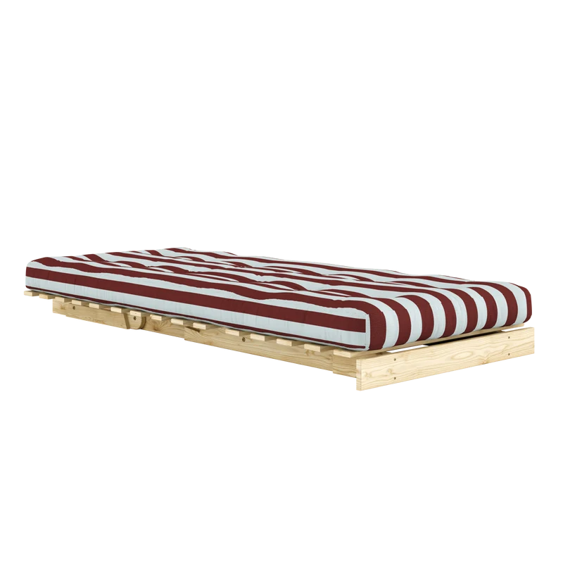 Canapé-lit en pin massif avec matelas rayé bordeaux et bleu clair 90x200cm Raw roots - Karup Design