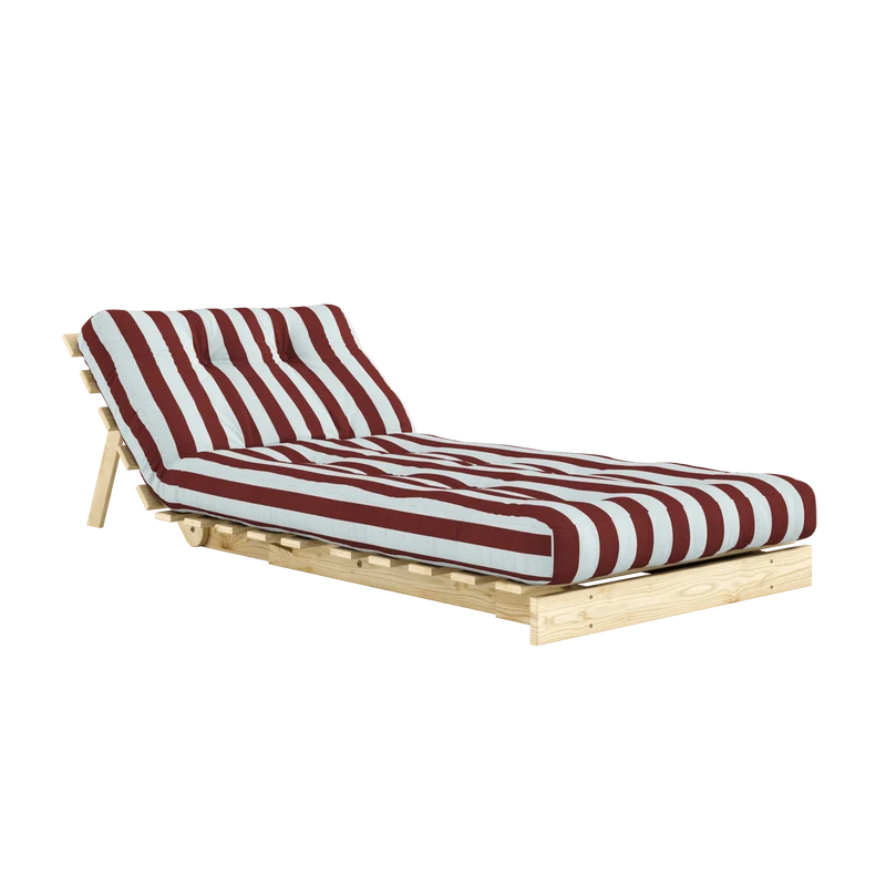Canapé-lit en pin massif avec matelas rayé bordeaux et bleu clair 90x200cm Raw roots - Karup Design