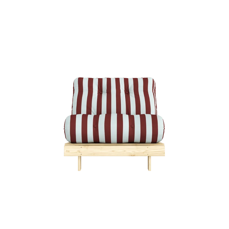 Canapé-lit en pin massif avec matelas rayé bordeaux et bleu clair 90x200cm Raw roots - Karup Design