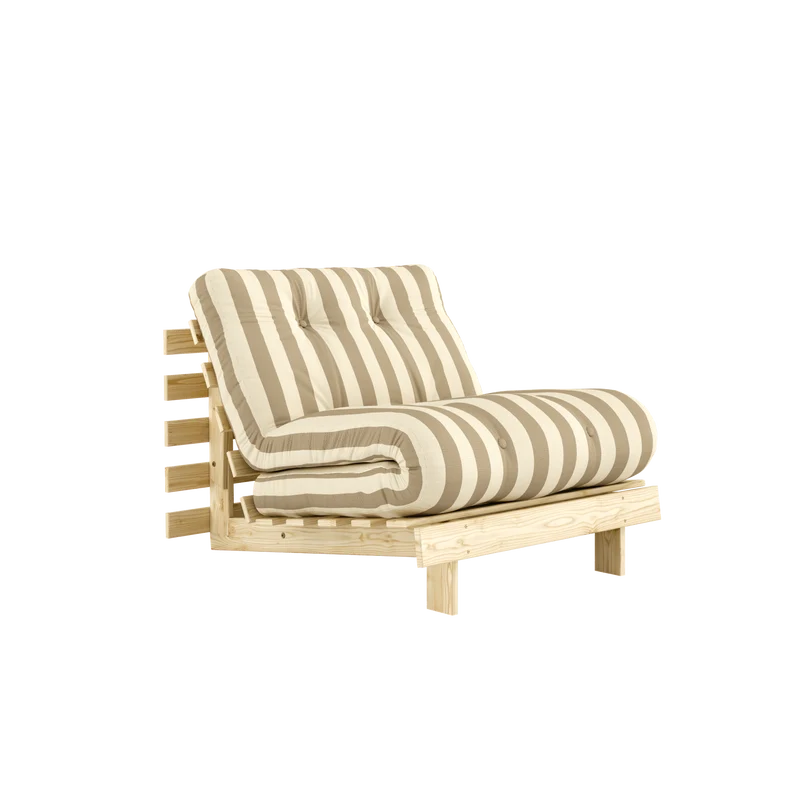 Canapé-lit en pin massif avec matelas rayé crème et taupe 90x200cm Raw roots - Karup Design