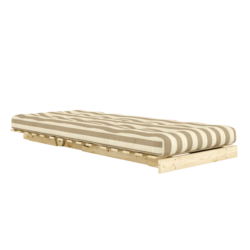 Canapé-lit en pin massif avec matelas rayé crème et taupe 90x200cm Raw roots - Karup Design