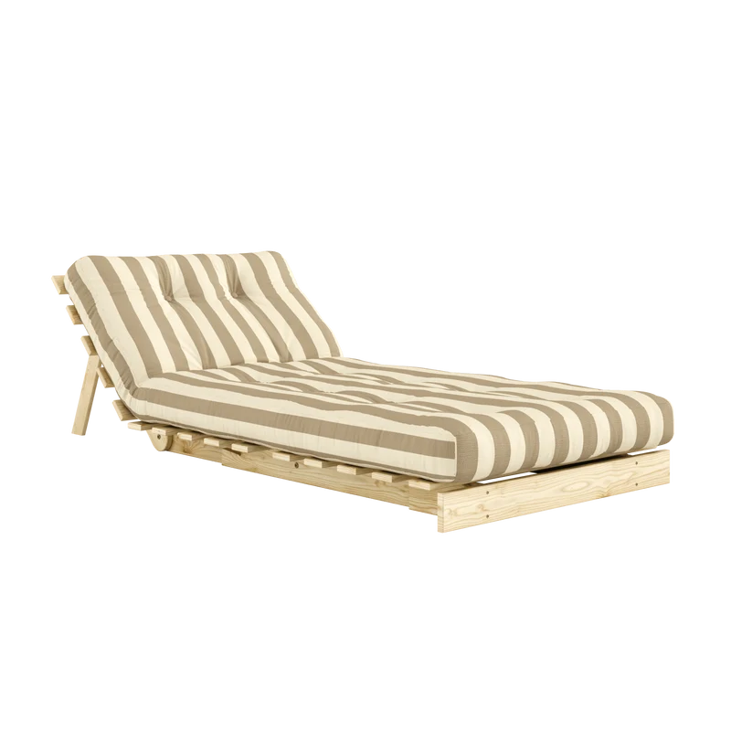 Canapé-lit en pin massif avec matelas rayé crème et taupe 90x200cm Raw roots - Karup Design
