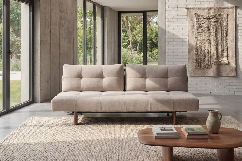 Canapé convertible en polyester beige et pied en chêne foncé 202x65cm Eilis - Innovation Living
