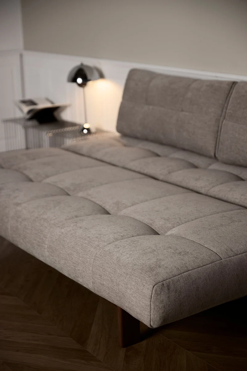 Canapé convertible en polyester beige et pied en chêne foncé 202x65cm Eilis - Innovation Living