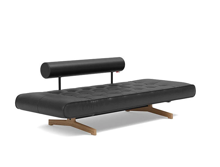 Lit de jour en cuir noir avec pieds en bois 178x68cm Ghia - Innovation Living