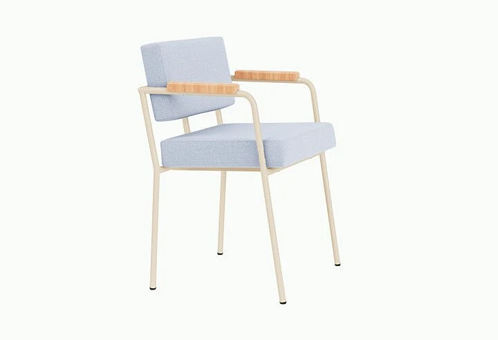 Chaise de salle à manger avec accoudoirs en acier beige et tissu bleu glacé Monday - Fest Amsterdam