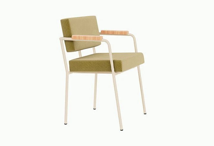 Chaise de salle à manger avec accoudoirs en acier beige et tissu vert pistache Monday - Fest Amsterdam