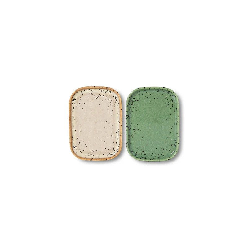 2 plateaux en céramique vert et beige 14,5x10,5x1,3cm 70's ceramics - HKliving