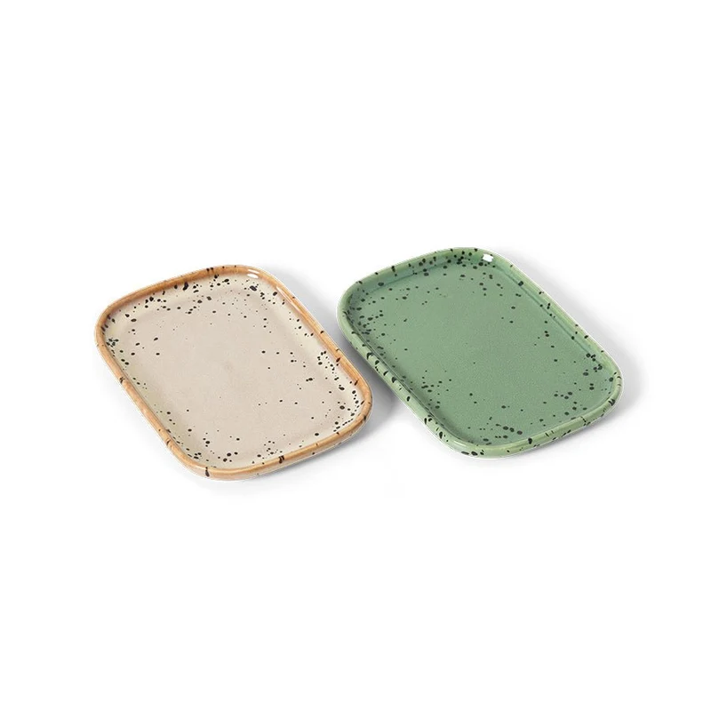 2 plateaux en céramique vert et beige 14,5x10,5x1,3cm 70's ceramics - HKliving