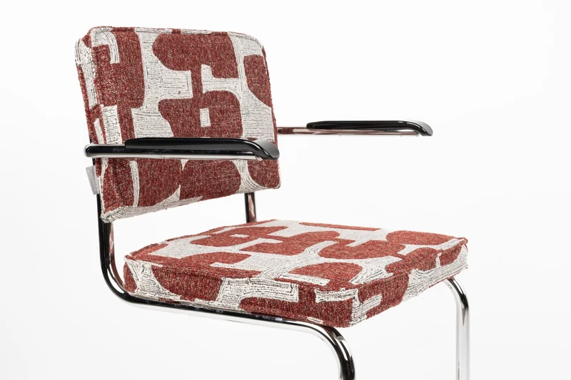 Chaise avec accoudoirs en tissu aux motifs rouge et acier chromé Ridge - Zuiver